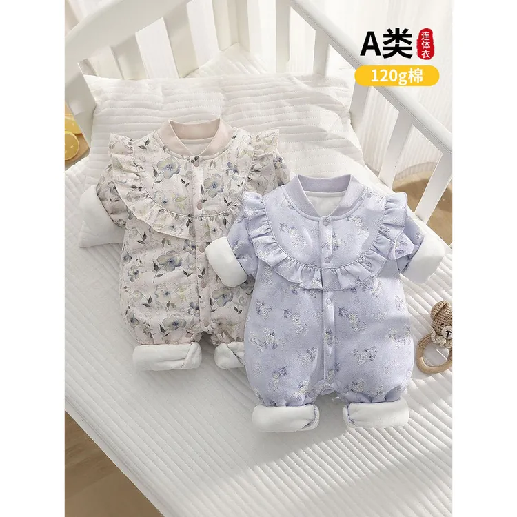水墨画婴儿连体衣加厚冬季宝宝衣服婴儿爬服保暖夹棉冬款宝宝哈衣