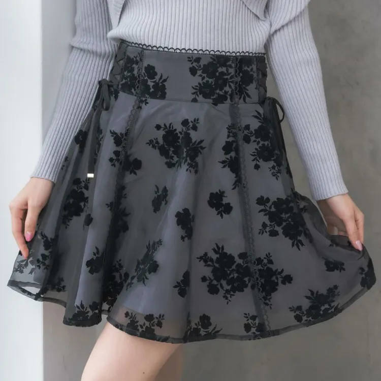 ROJITA · couture 植绒花纹雪纺喇叭裙(C534213现货)