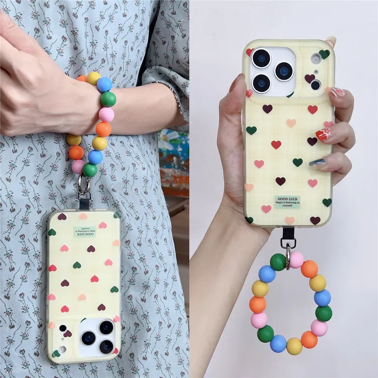 复古格纹彩色爱心串珠圆环适用iphone17pro手机壳苹果16手腕15/14