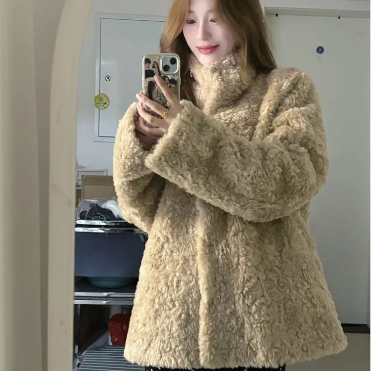 立领加厚韩女中长款仿羊羔毛大衣皮毛一体仿皮草环保泰迪毛毛外套
