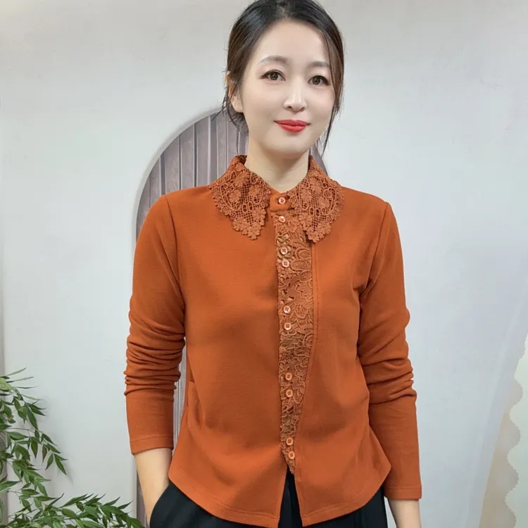 2025秋冬新款百搭气质打底衫翻领时尚显瘦蕾丝拼接双面澳绒上衣F7