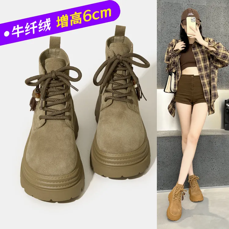 厚底马丁靴女25秋磨砂牛皮复古百搭休闲短靴小个子6cm增高大黄靴