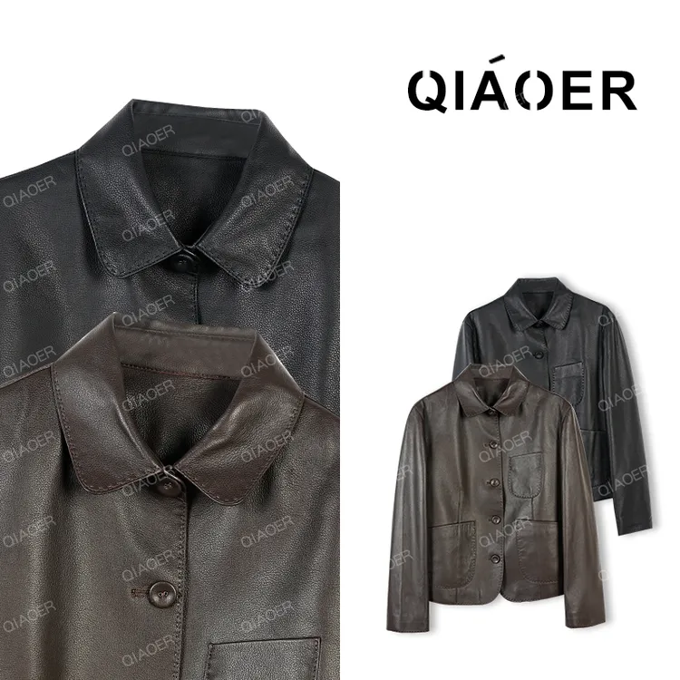 乔儿定制【中古咖】100山羊皮真皮皮衣女秋冬气质长袖翻领短款外套