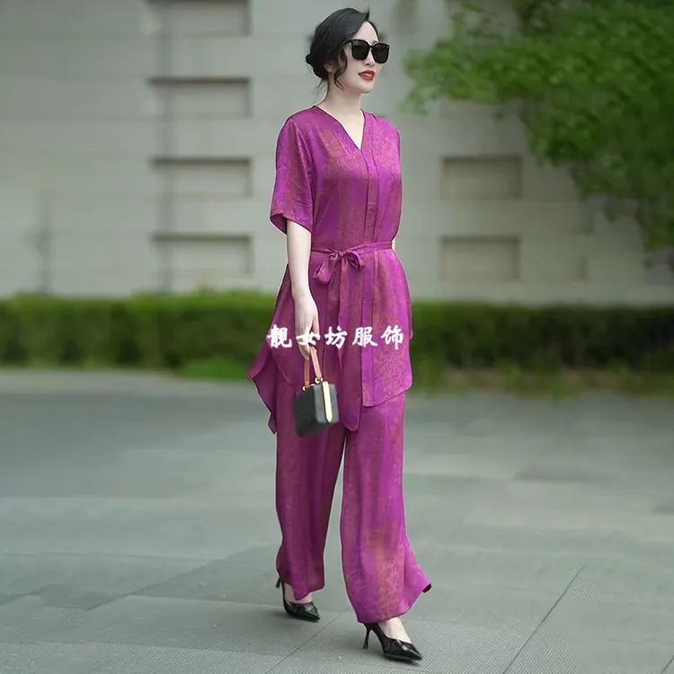 高级感原创大码两件套夏季新款不规则衬衫中长款上衣+阔腿裤套装