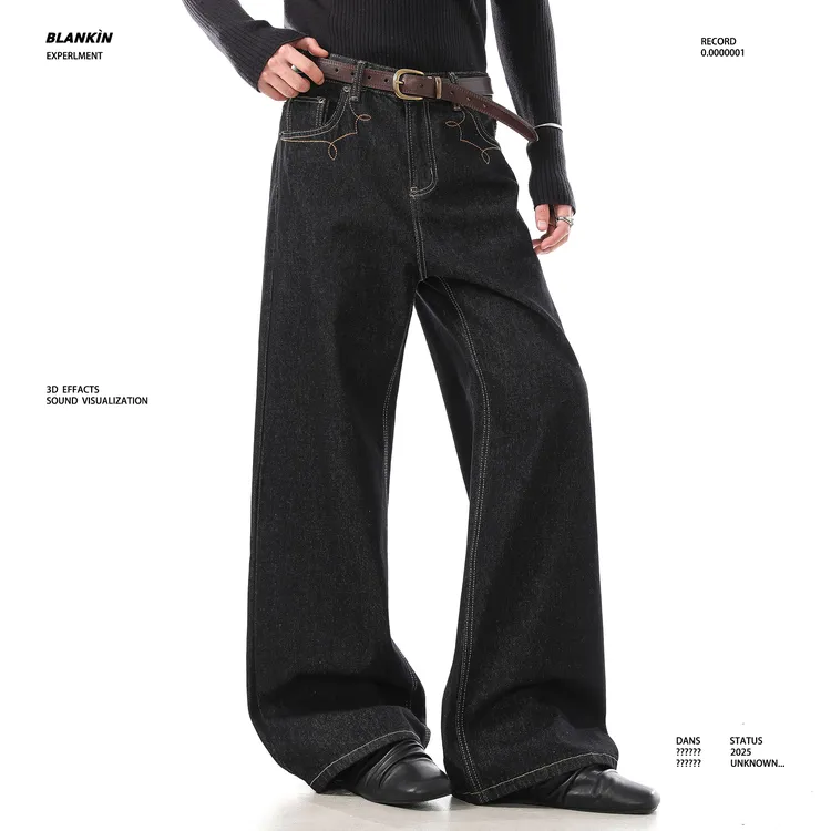 BLANKIN 美式复古裤口刺绣牛仔裤街头痞帅直筒宽松垂感休闲裤子男