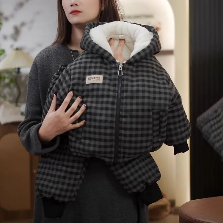 儿童男童女童时尚百搭黑格子连帽加绒棉服冬季加厚套装潮