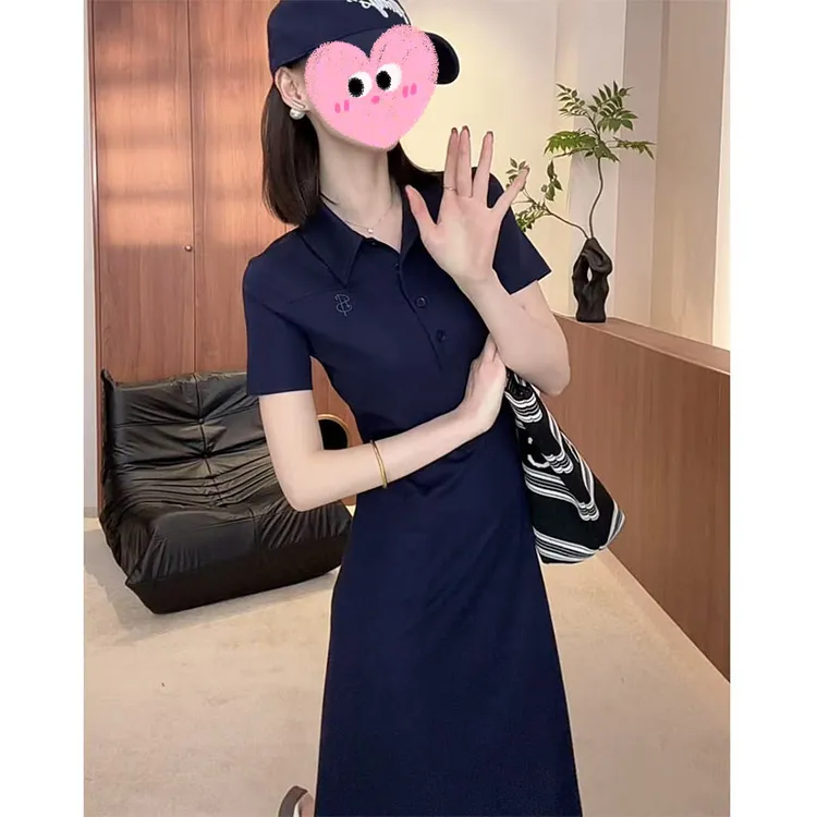 韩版polo领连衣裙女夏季新款时尚气质休闲收腰显瘦纯色长款长裙潮