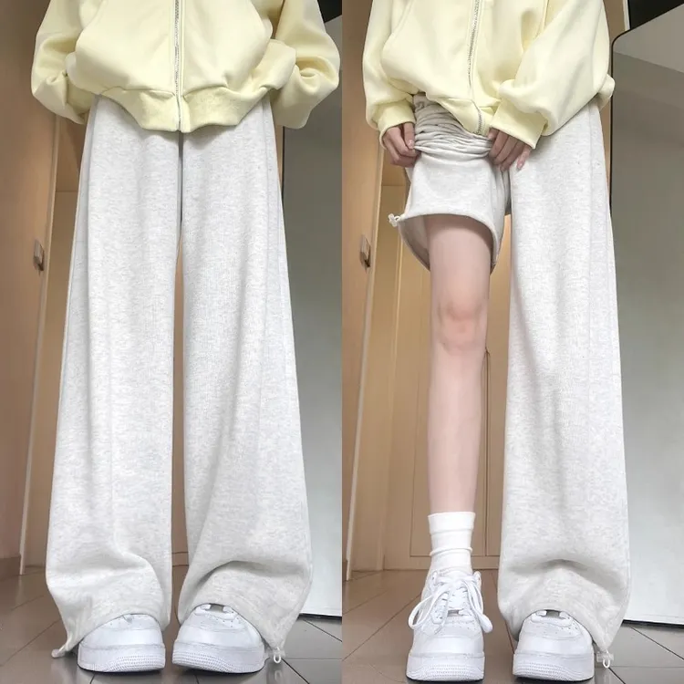白灰色美式运动裤女秋季2025新款高腰小个子宽松显瘦加绒休闲卫裤