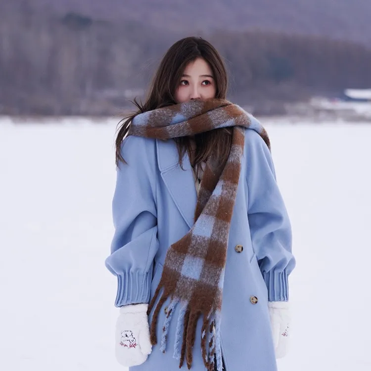同款女款冬季大围巾保暖加厚韩版百搭披肩马海毛绒围脖男平纹方块