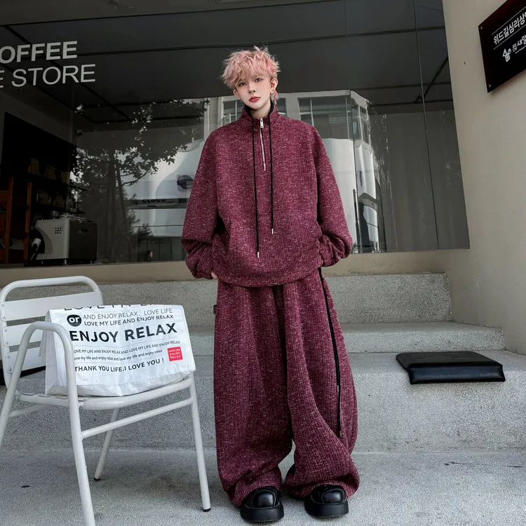 2026春装美式套头半拉链立领卫衣套装男一套搭配阔腿长裤两件套潮