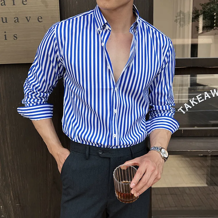 条纹衬衫男长袖春季2025新款高级感英伦风商务休闲痞帅气修身衬衣
