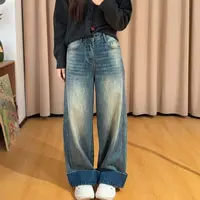 85700余小鱼【翻边牛仔】复古蓝做旧泛白裤脚卷边阔腿牛仔裤女装