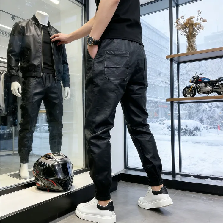 秋冬季加绒保暖外卖骑手机车防风皮裤男纯黑色小脚加厚休闲长裤子