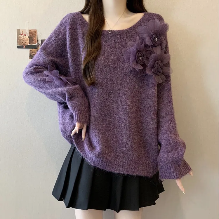 冬新款大码女装温柔软糯宽松显瘦立体花朵针织毛衣女有紫色
