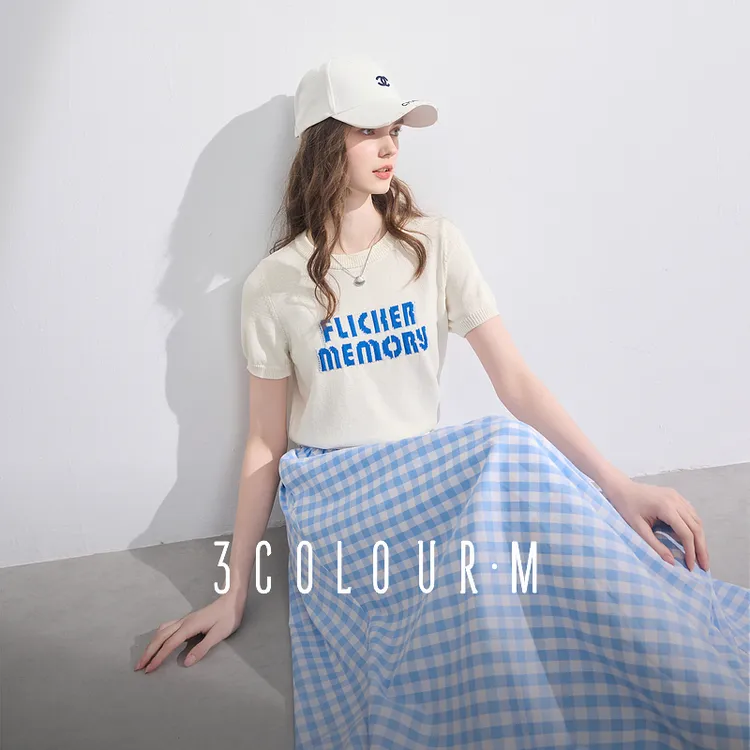 三彩2025夏季新款字母提花针织衫圆领短袖套头毛衫休闲上衣M