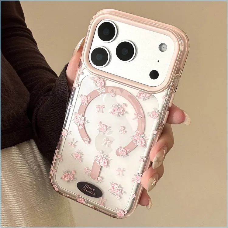 适用于苹果17promax手机壳新款时尚韩系粉碎花全包个性透明磁吸壳