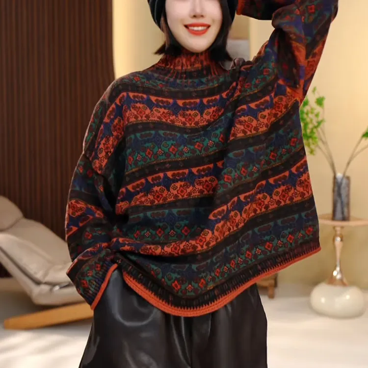 女士民族风条纹复古针织衫2025秋季高级感宽松显瘦半高领毛衣上衣