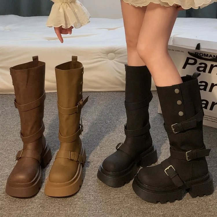 贾不假长筒靴女款2025新款秋季靴子百搭美拉德靴子厚底增高骑士靴
