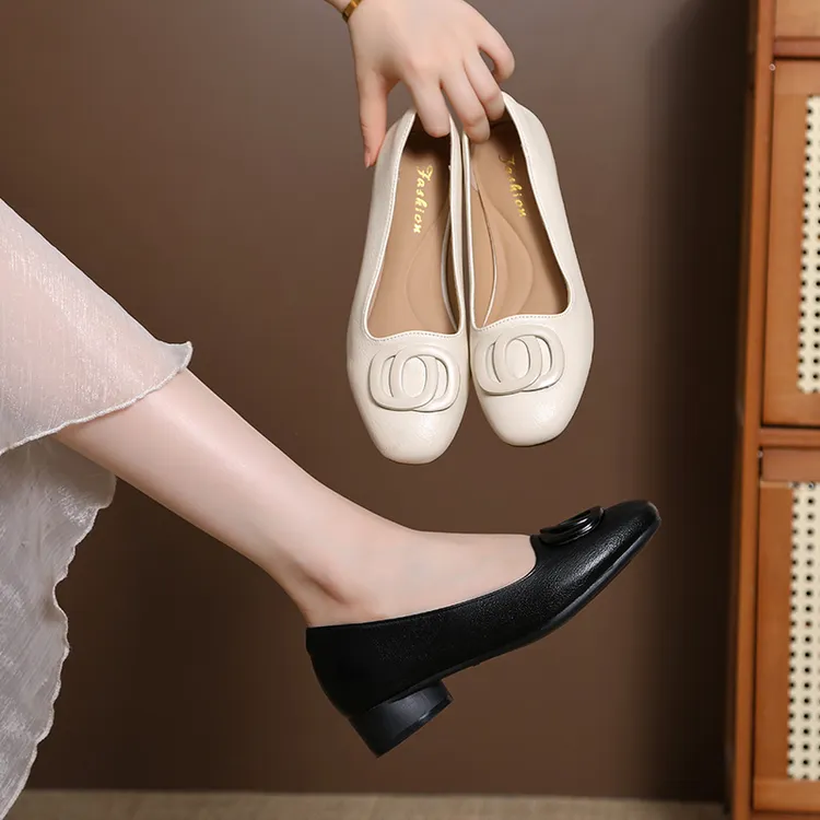 真皮羊皮时尚粗跟方跟浅口时尚休闲风舒适百搭软底单鞋3317