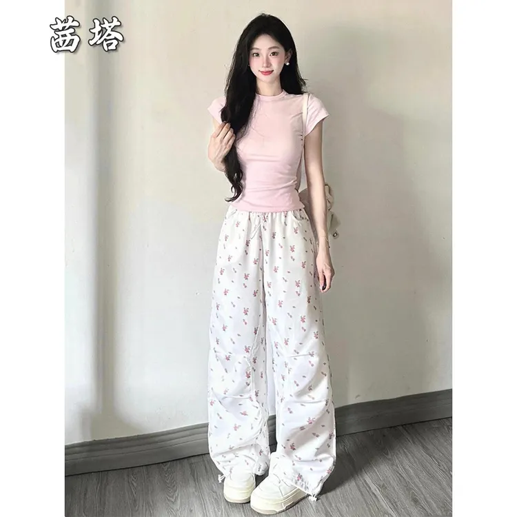 休闲运动套装女夏季新款宽松修身短袖花阔腿裤学生两件套时髦套装