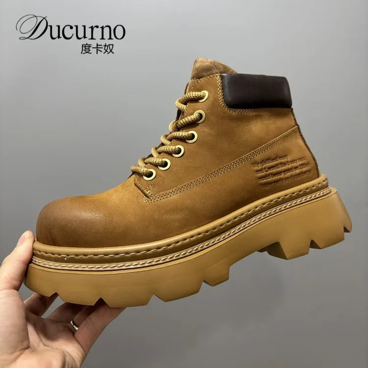 欧洲站休闲季保暖马丁靴男高端厚底增高复古工装靴英伦增高大黄靴