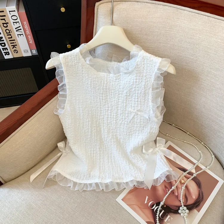 纯欲黑色蕾丝木耳边背心女夏款多巴胺少女蝴蝶结吊带无袖裙摆上衣