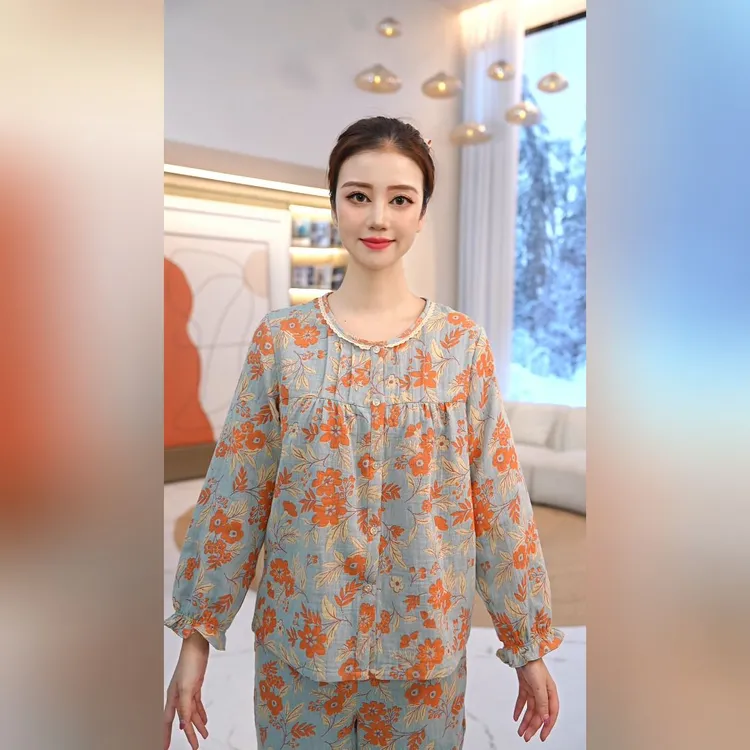 秋鹿织双层纱提长袖长裤女睡衣春秋时尚休闲