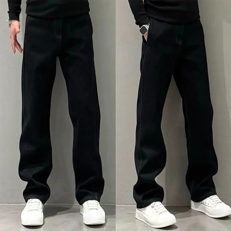 高档欧货秋冬新款休闲裤加绒加厚轻奢纯色简约直筒裤宽松百搭长裤