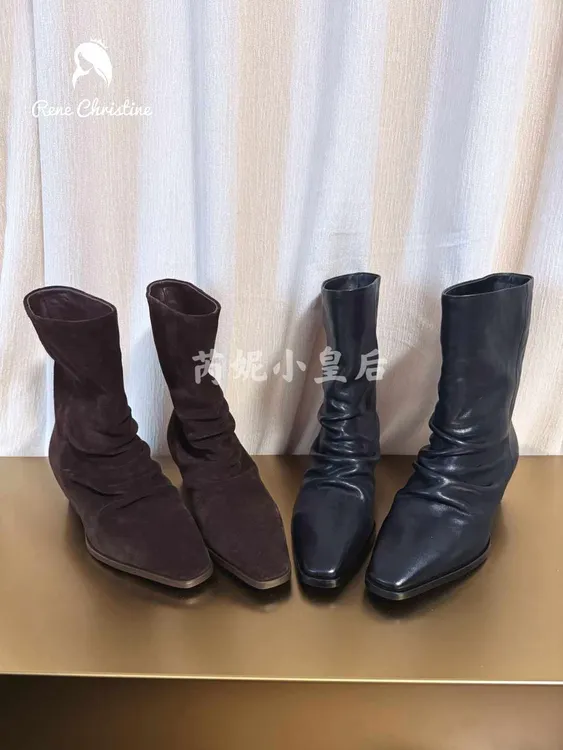 ReneChristine|4cm|法式复古中筒裤管堆堆靴女粗跟小方头显瘦靴子