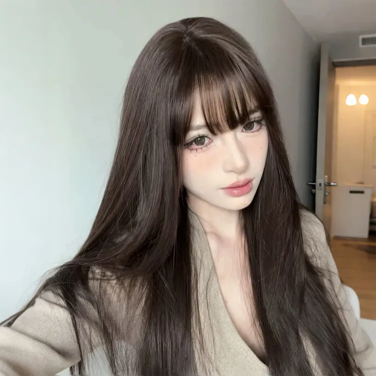 妍公子专属《元英》巧克力色气质高层次刘海直发大面积蕾丝假发头套