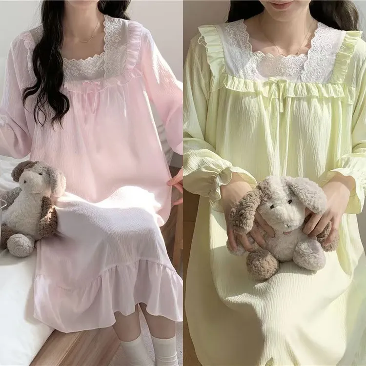 2025新款睡裙女春季云朵棉梭织布带胸垫长袖甜美公主风可外穿睡衣