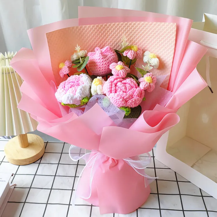 手工针织玫瑰郁金香康乃馨编织花束创意礼物送生日毕业母亲节礼物