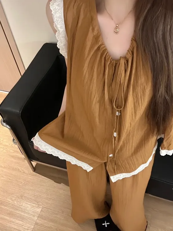 甜美老钱风纯色显白蕾丝无袖睡衣女夏季新款长裤套装可外穿家居服
