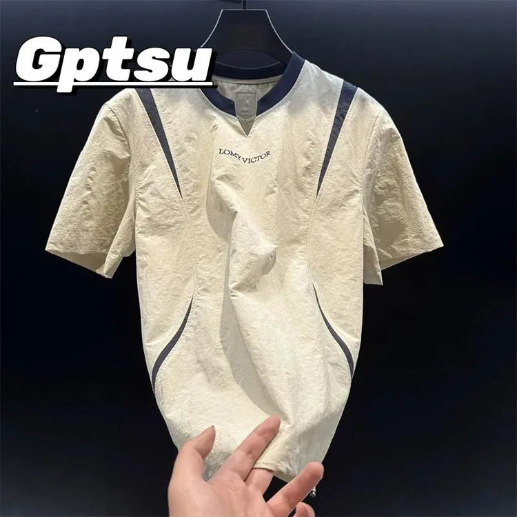 GPTSu撞色拼接短袖t男士夏季潮牌百搭圆领半截袖轻薄透气青年T恤