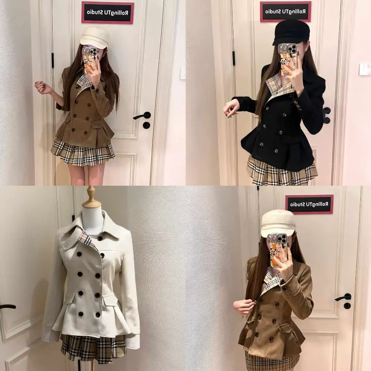 韩系财阀干金大小姐秋冬新款赫本风设计感短款裙摆风衣收腰外套女