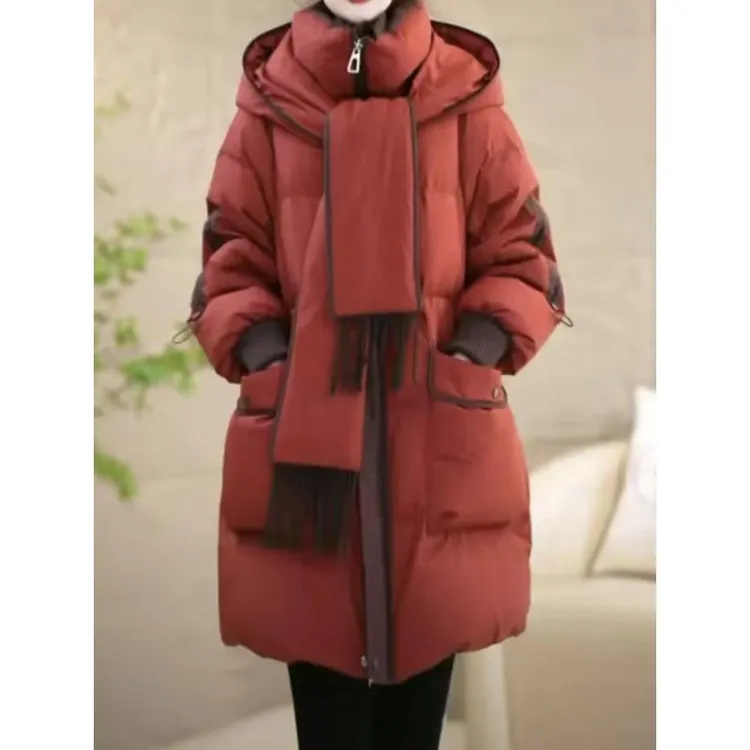 【羽绒服】冬季设计感围巾连帽优雅百搭白鸭绒羽绒服保暖洋气宽松女