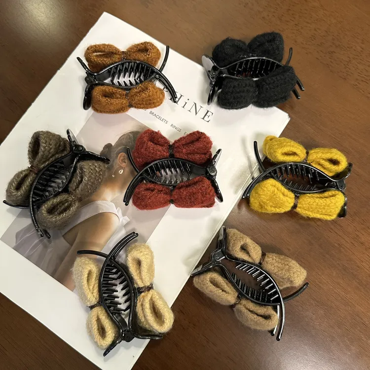 秋冬新款针织毛线丸子头抓夹女双面蝴蝶结盘发夹鲨鱼夹高马尾发卡