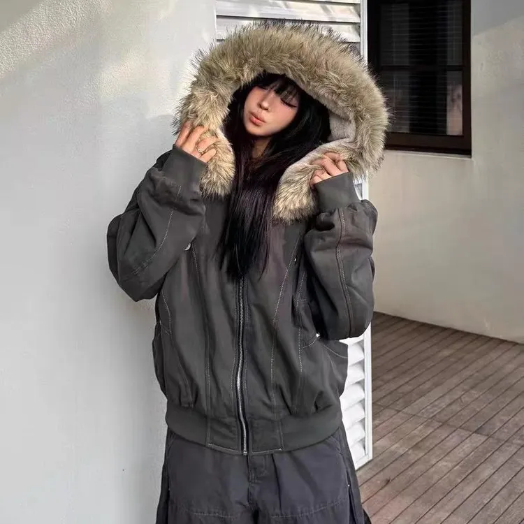 冬季新款美式时尚大毛领连帽派克服棉衣加厚保暖短款百搭棉服外套