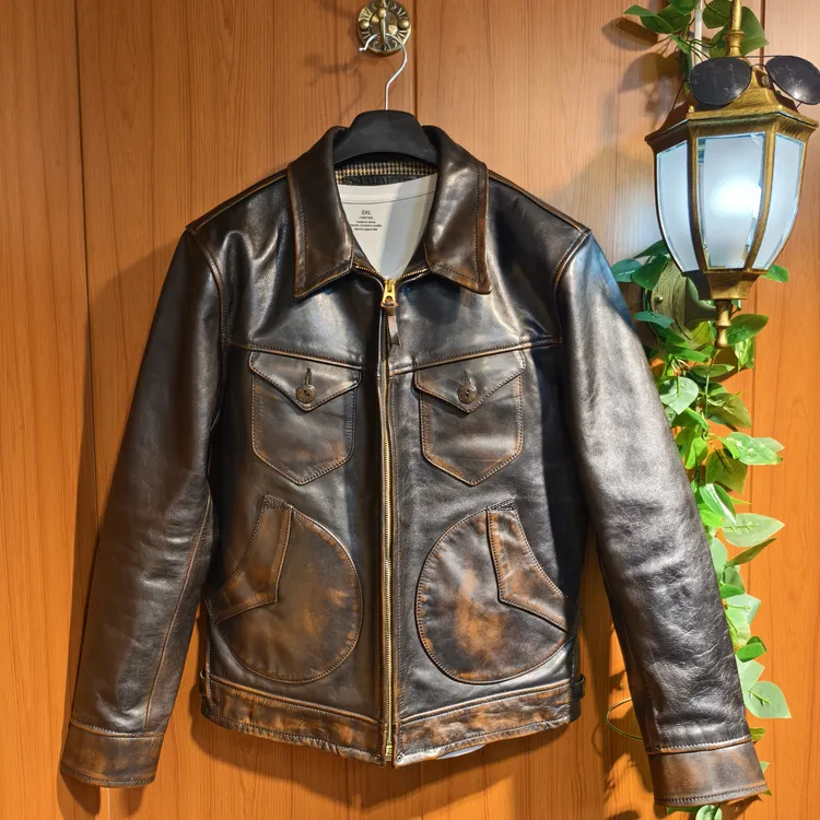门多萨茶芯植鞣重水洗马皮农场主复古男士真皮皮夹克安欣同款休闲