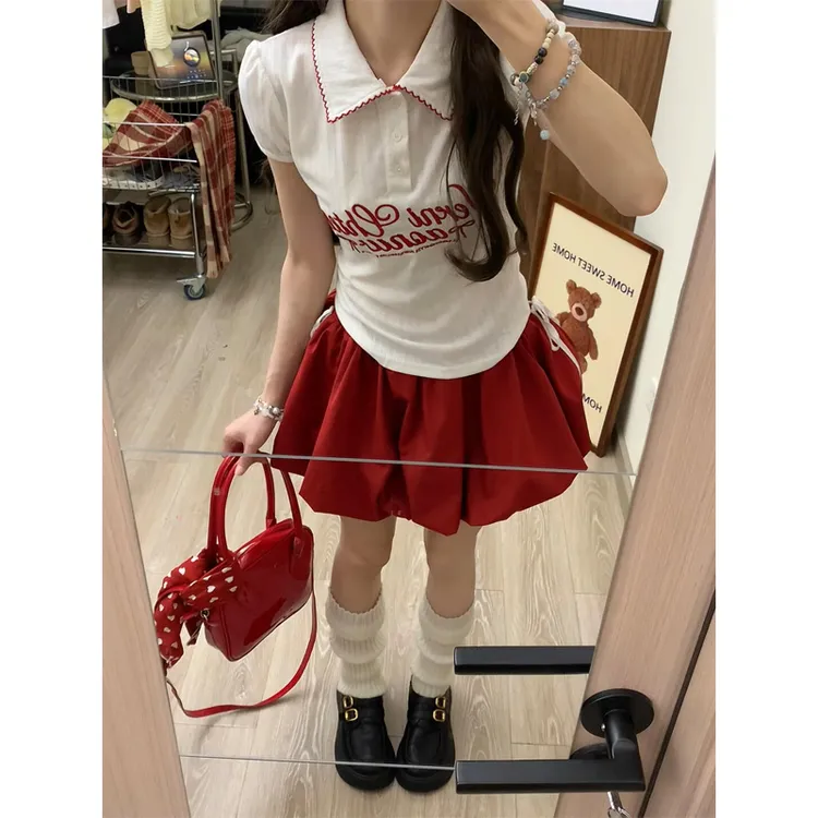 巨好看的夏装套装女学院风甜辣妹polo领字母上衣花苞半身裙两件套