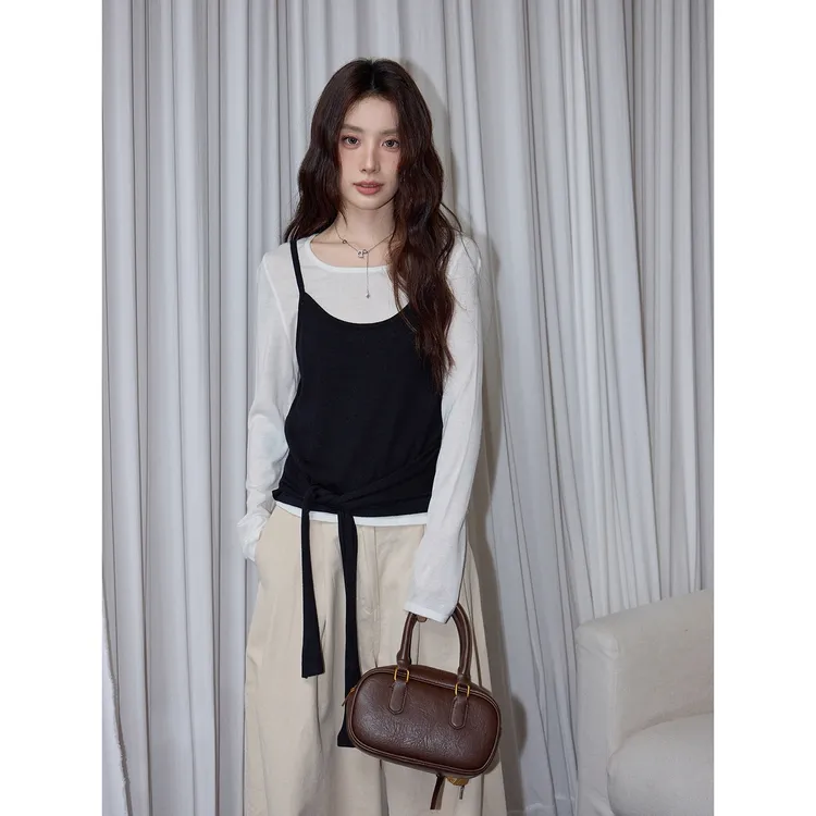 假两件针织吊带长袖系带上衣女秋季新款简约百搭显瘦气质设计感