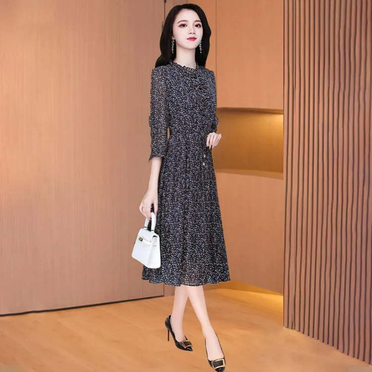 碎花雪纺长袖连衣裙女春秋2025新款妈妈气质高端品牌广州十三行