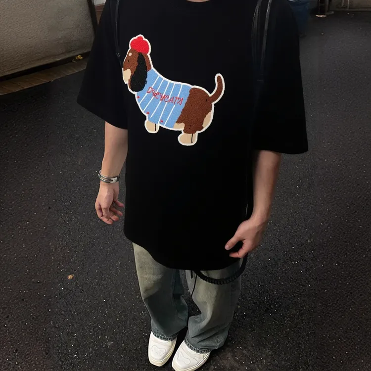 美式高街腊肠狗毛巾绣短袖t恤男夏季新款设计感小众纯棉情侣上衣