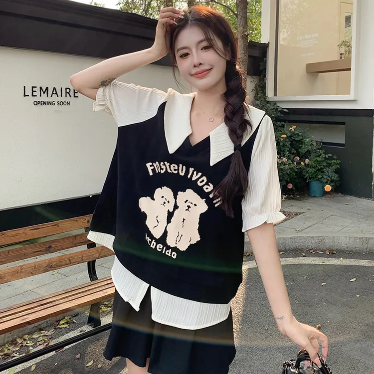 56218短袖大码女装夏装上衣假两件印花衬衫减龄学院风上衣小衫