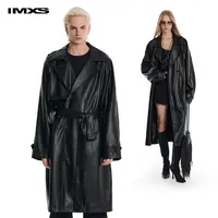 IMXS直筒高级质感飒爽西装领中长PU皮夹克皮衣风衣男女