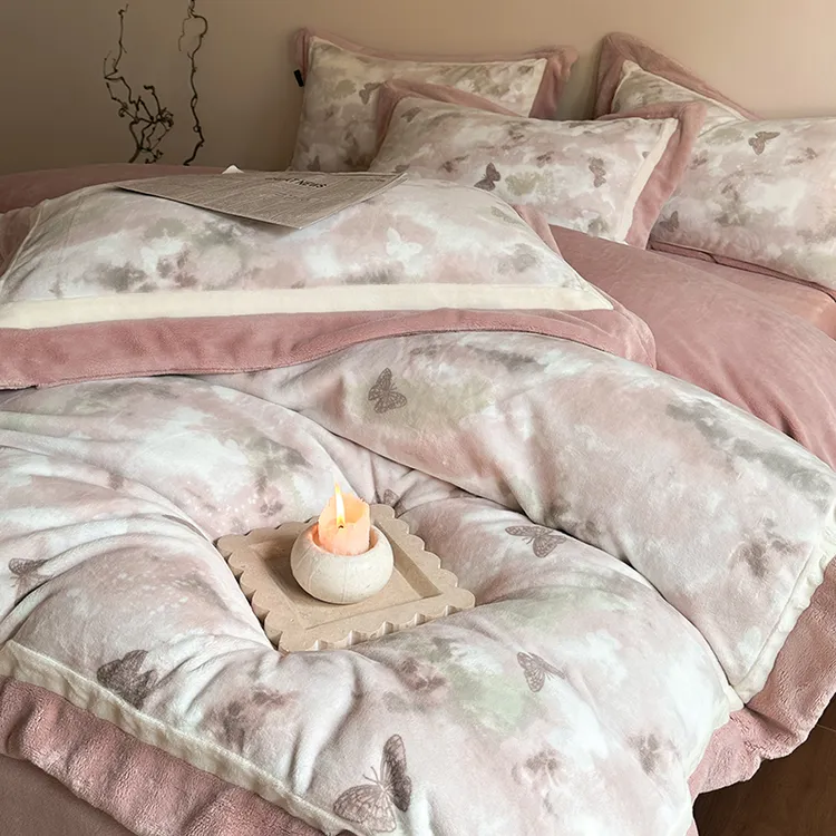 冬季加厚牛奶绒四件套新款慕丝绒印花保暖绒被套蝴蝶印花加绒床单