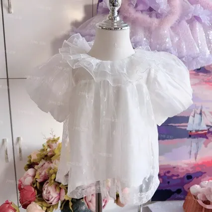 女童短袖洛丽塔打底衫小童心打底衫娃娃衫纯白衬女童蕾丝衬衫外套