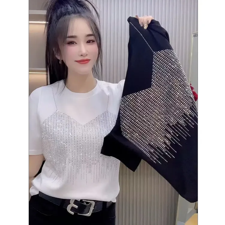 纯棉重工烫钻短袖t恤女欧货2025夏季新款时尚显瘦洋气减龄上衣潮