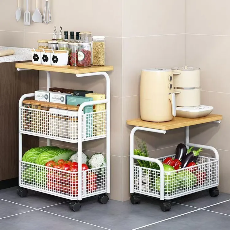 带滚轮纯色2/3层家用手推车收纳储物架可移动置物架零食饮料水果