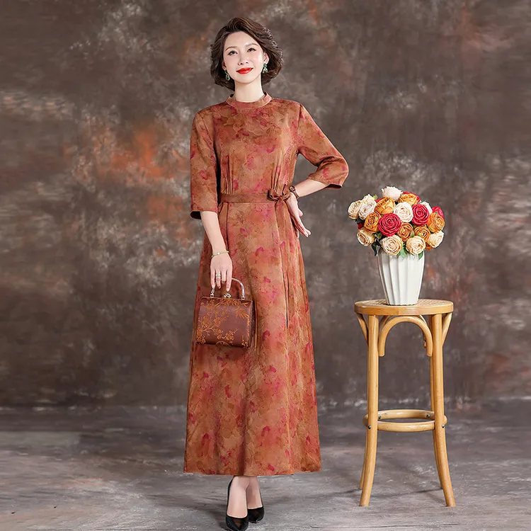 齐黛品牌真正香云纱连衣裙女2025新款长裙复古气质减龄妈妈真丝裙